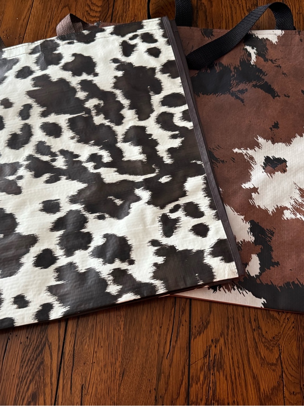 T.J.Maxx Cowhide-Print Reusable Tote Bags - Black, White & Brown x 2